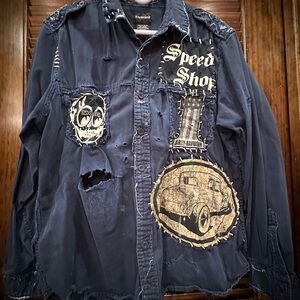 Men's Blue Graphic Distressed patch style Long sleeve shirt